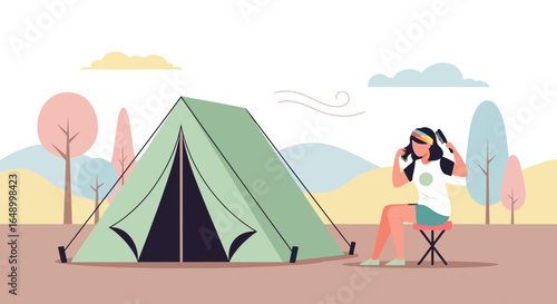 Leisurely Camping Trip With Woman Styling Hair Amidst Serene Nature Scene