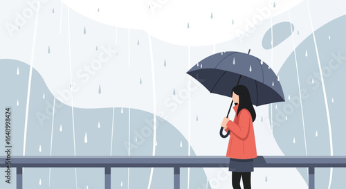 Illustration of a woman with an umbrella in the rain showing resilience and peaceful contemplation