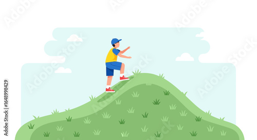 Illustration of a young boy climbing a grassy hill towards a bright future success and goal achievement optimistic concept