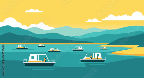 Leisurely Day on the Water Motorboats with Mountain Backdrop Serene Vacation