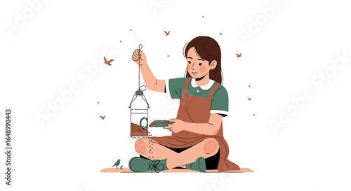 Illustration of a young girl refilling a homemade bird feeder with scattered birds around her