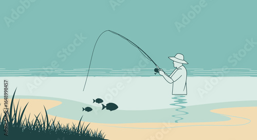 Leisurely Fisherman Casting Line With Fish Swimming At Shoreline Scene