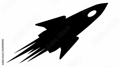 Silhouette of a rocket ship taking off with visible flames and a window on a white background space travel