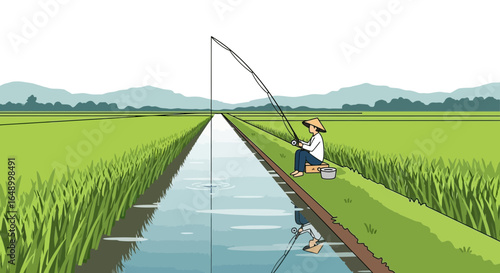 Leisurely Fishing In The Rice Field A Serene Rural Scene Illustration