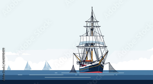 Illustration Of An Antique Ship Sailing The Open Sea On Bright Day