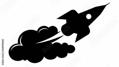 Silhouette of a rocket ship launching into space with smoke and a porthole on a white background view