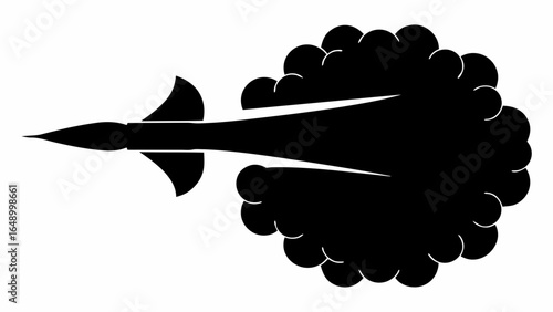 Silhouette of a jet plane leaving a cloud of smoke behind in a black and white illustration style