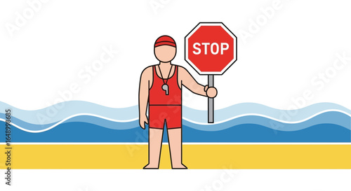 Lifeguard On Beach With Stop Sign For Safety Awareness And Precautions
