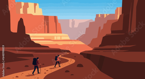 Illustration of hikers exploring the Grand Canyon trail with vibrant colors and stunning scenery