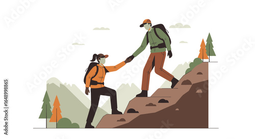 Illustration of hikers helping each other climb a mountain symbolizing teamwork and assistance on challenging trails