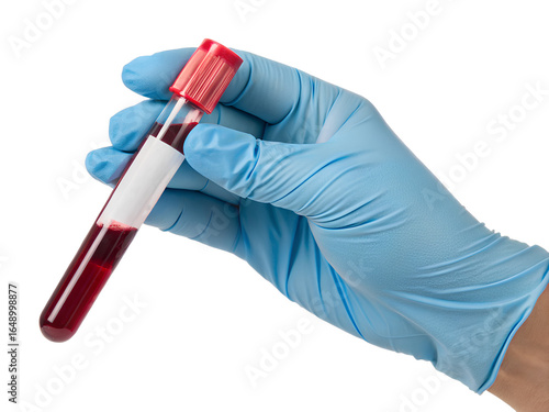 Gloved hand holding blood sample in test tube

