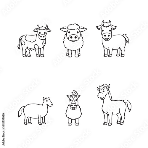 Vector art of collection of six cartoon farm animals including a cow, sheep, goat, and three horses, isolated on white background