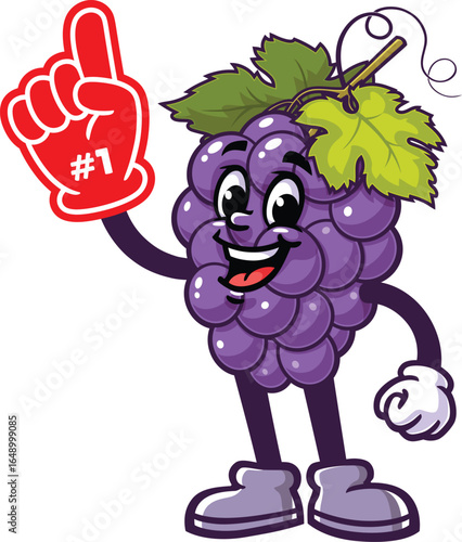 Cartoon mascot of a grape holding a giant foam finger