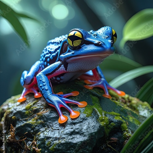 Macro Shot of a Vibrant Blue Poison Dart Frog on Mossy Ground
