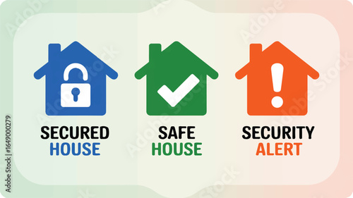 Three house icons with security symbols and text labels on a gradient background home secured