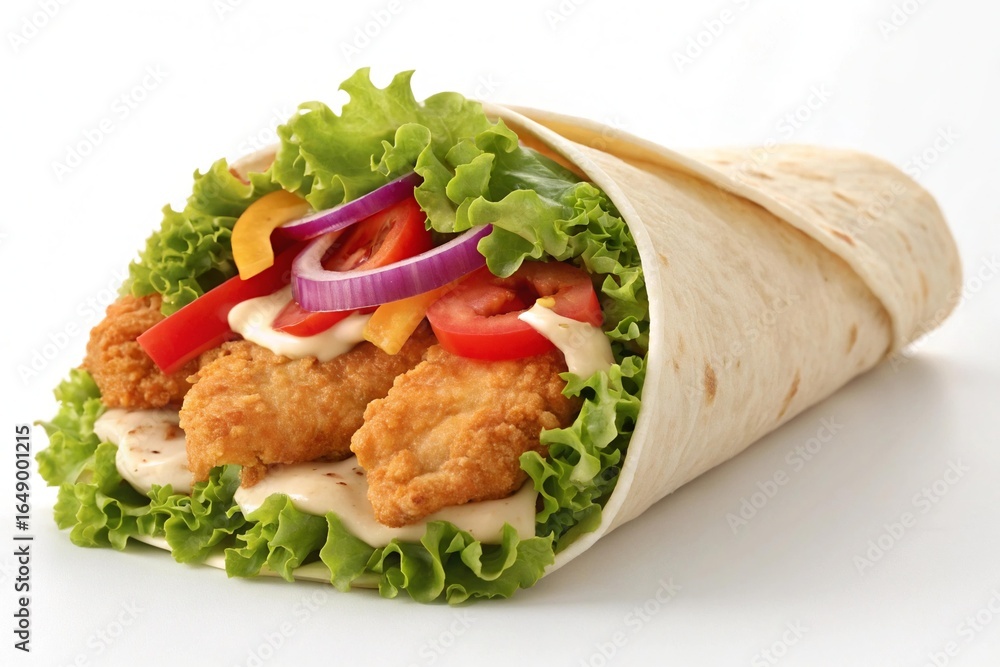 Obraz premium Delicious Chicken Wrap Recipe Crispy Chicken, Fresh Veggies, and Creamy Sauce
