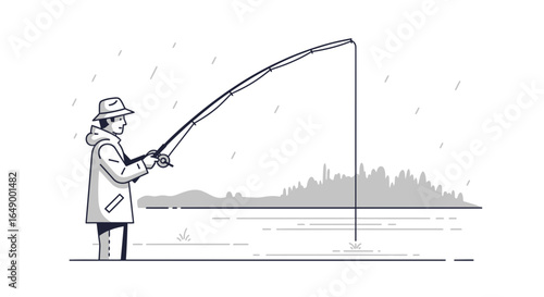 Line Art Illustration Of A Fisherman Catching A Fish On A Rainy Day