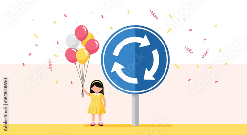 Little Girl Celebrating Roundabout Safety With Balloons And Confetti Joyful Road