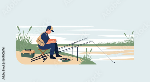 Man Enjoying Carp Fishing Relaxing by the River Flat Vector Illustration