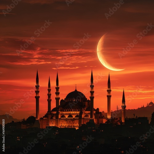 Sunset Mosque Crescent Moon Cityscape Ramadan