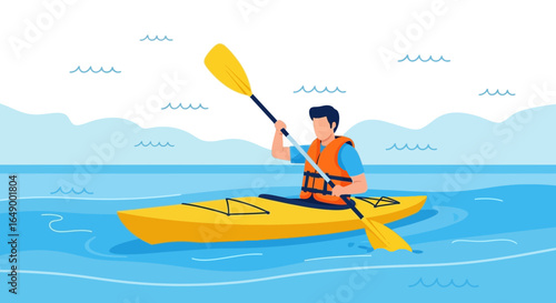 Man Enjoying Kayaking Adventures On Calm Blue Water With Safety Vest