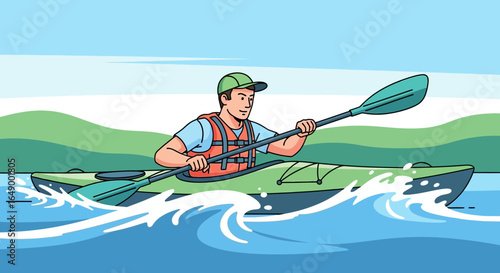 Man Enjoying Kayaking Expedition In Peaceful Waters Towards Distant Shores