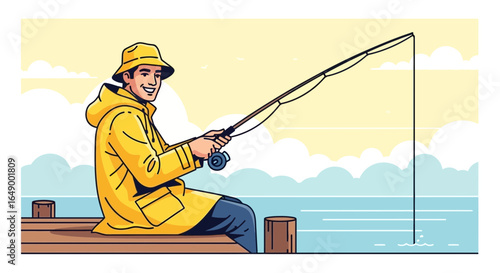 Man Enjoying Leisure Fishing Outdoors On A Dock Under The Sunny Sky