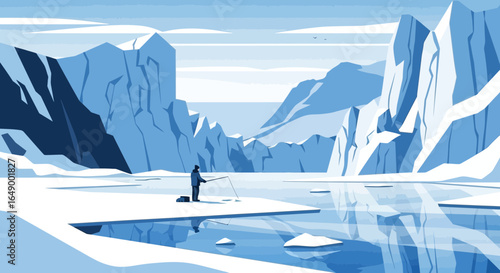 Lone Fisherman Enjoying Solitude on Arctic Frozen Lake Surrounded by Mountains