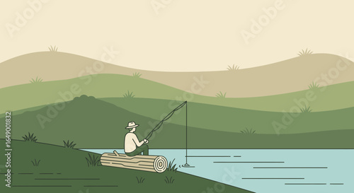 Lone Fisherman Enjoying Solitude By Lake On Calm Hilly Landscape
