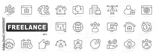Freelance outline icons for remote work: portfolio, client, contract, payment, schedule, rating, communication, cloud tools. Editable stroke, clean professional design