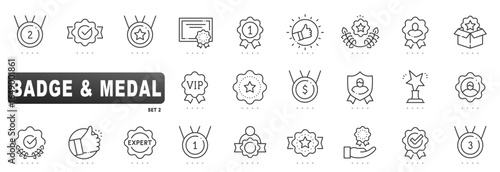 Clean badge and medal icons: award, trophy, star, VIP, verified, laurel, ranking, certificate. Outline line style with editable stroke collection