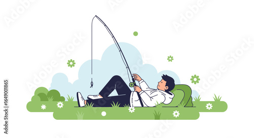 Man Enjoying Leisure Time Outdoor Fishing on a Sunny Afternoon With Nature