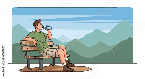 Man Enjoying Mountain View While Drinking Water On A Bench Outdoors