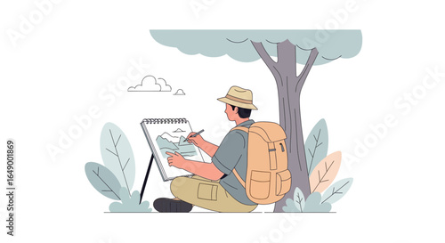 Man Enjoying Nature And Sketching Landscape While Traveling With Backpack Outdoors