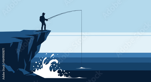 Lone Fisherman Silhouette on Cliff Edge Casting Rod Into the Calm Blue Waters
