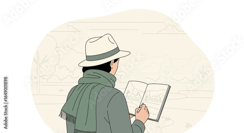 Man Enjoying Nature And Sketching Landscape In A Notebook Outdoor