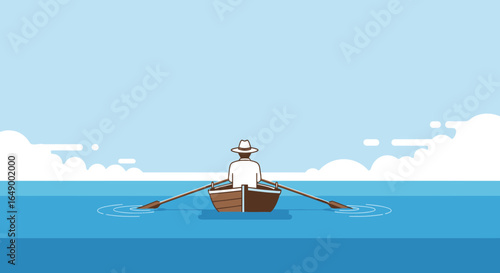 Lone Sailor Rowboat Journey Serene Waters Awaits Quiet Time Vector Illustration