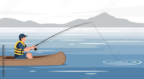 Man Enjoying Solitary Fishing in a Canoe on a Peaceful Lake Surrounded By Mountains