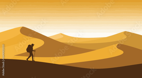 Lone Traveler Wandering Through Desert Dunes Under A Golden Sky Horizon