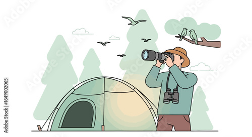 Man Enjoys Birdwatching Near Tent During Camping In Forest Illustration