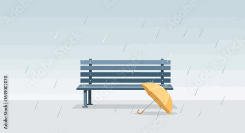 Lonely Bench In The Rain With A Forgotten Umbrella On A Cold Day