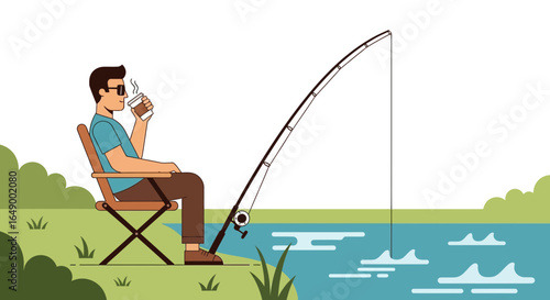 Man Enjoys Coffee And Fishing Vector Illustration In Minimal Style