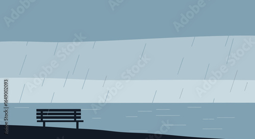 Lonely Bench Under Rainfall On A Gloomy Afternoon In Flat Design Style