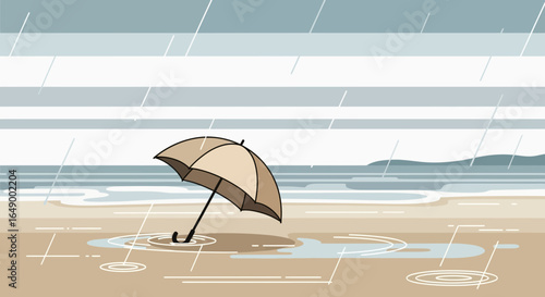 Lonely umbrella under rain on a deserted beach, evoking solitude and resilience in challenging weather, graphic illustration