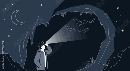 Man Exploring Dark Cave With Flashlight Under Moonlight And Bats Illustration