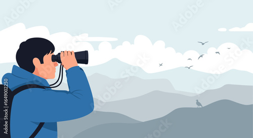 Man Exploring Distant Mountains Landscape With Binoculars Adventure Journey