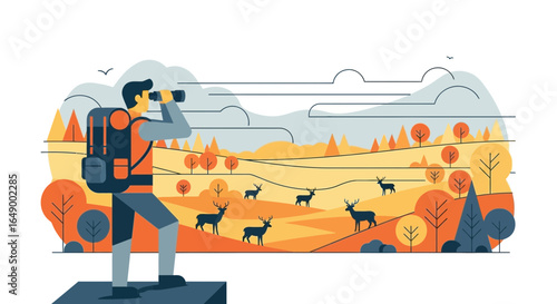 Man Exploring Nature With Binoculars Observing Deer In Autumnal Landscape