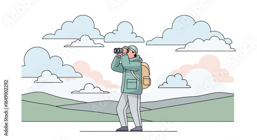 Man Exploring Nature With Binoculars On A Cloudy Day Adventure Outdoors