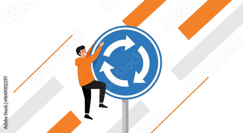 Man Facing Circular Traffic Guidance Sign, Concept Of Facing A Cycle Route