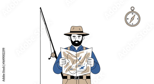 Lost Fisherman Trying to Read Map Finding Route Outdoor Adventure